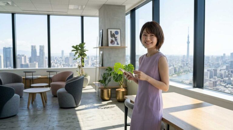 Smiling woman in a lavender sleeveless dress standing by a wooden table in a bright office with large windows and a city skyline outside.