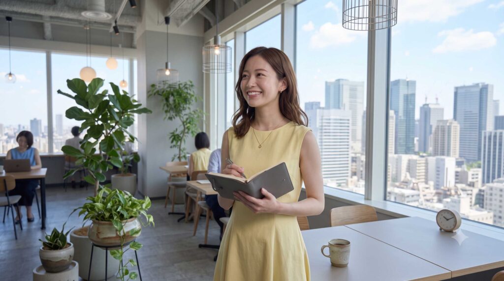 Smiling woman in a yellow dress stands in a bright office with large windows and a city skyline, holding a notebook and pen.