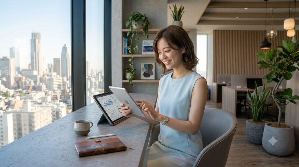 Professional woman in a light blue dress sits at a marble counter by a city-view window, using a tablet with a stylus and smiling at the screen.