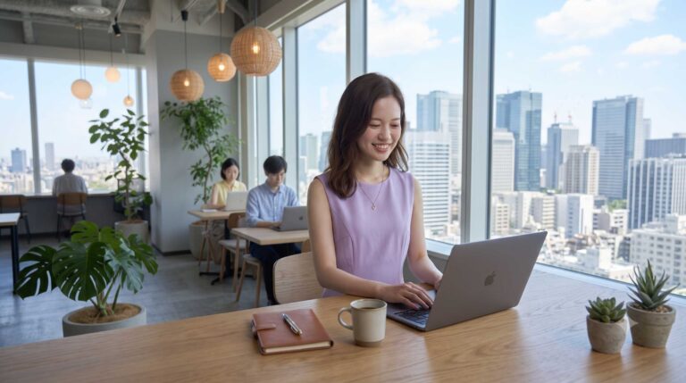 Smiling woman in a lavender sleeveless top works on a laptop at a desk by a large window overlooking a city skyline; coffee and notebook nearby.