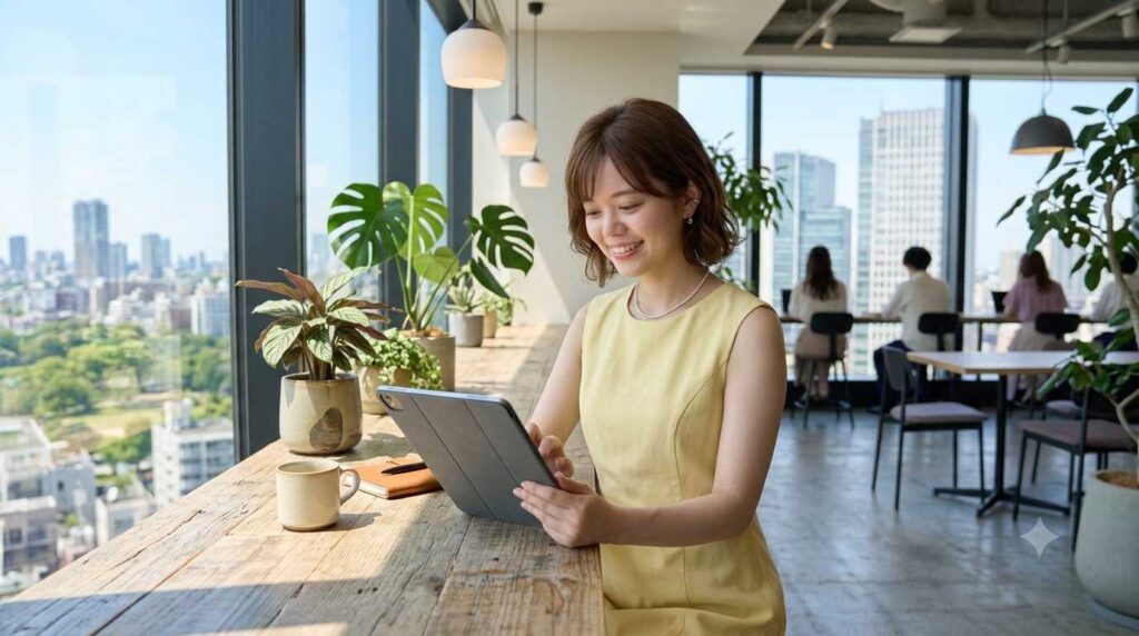Woman in a yellow dress smiles while using a tablet at a wooden counter in a bright, plant-filled office with city views outside the windows.