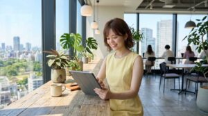 Woman in a yellow dress smiles while using a tablet at a wooden counter in a bright, plant-filled office with city views outside the windows.
