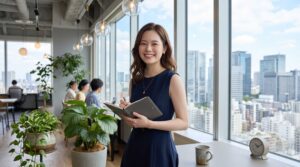 Professional woman in a navy dress stands by a windowsill with a notebook, smiling at the camera in a bright office overlooking the city.
