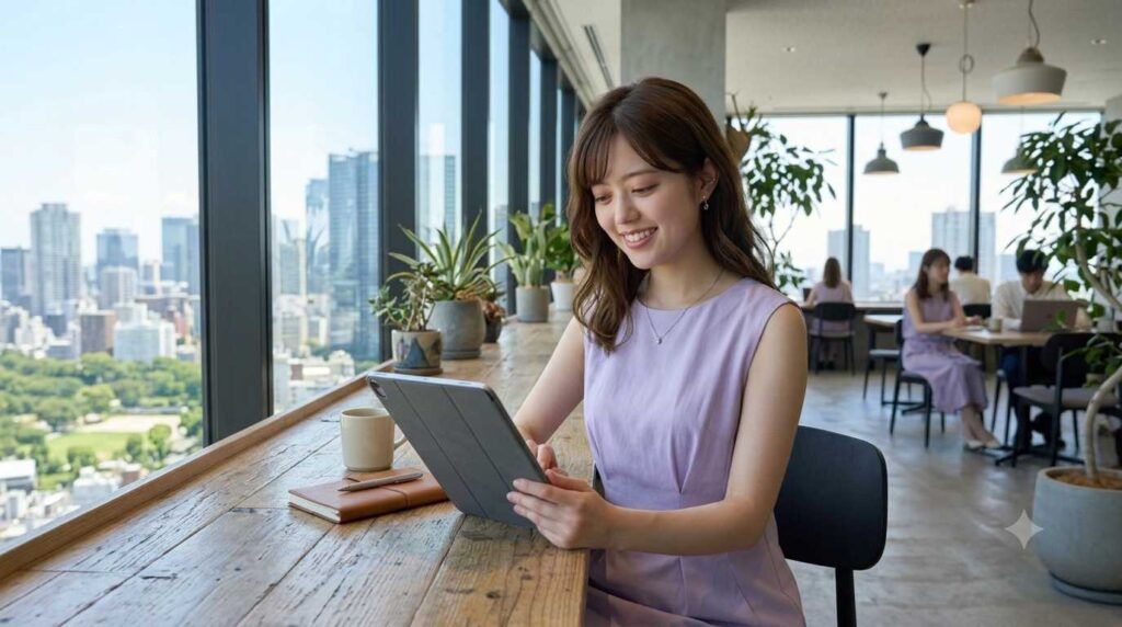 Woman in a lavender dress using a tablet at a wooden counter by a large window with a city skyline outside.