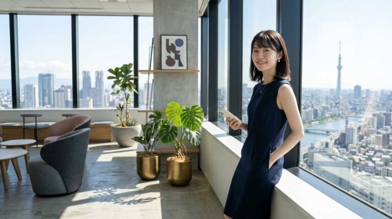 Woman in a navy sleeveless dress stands by a window in a bright office, holding a smartphone, overlooking a city skyline with tall buildings.