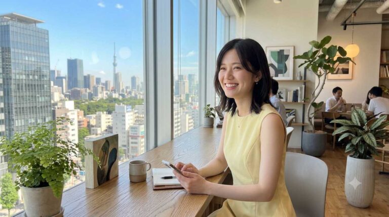 Smiling woman in a yellow sleeveless dress sits at a cafe counter by a large window, holding a phone with a city skyline in view.