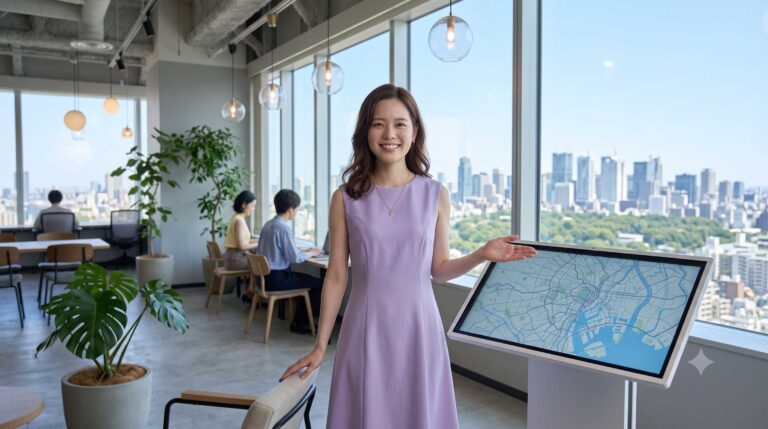 Woman in a lavender dress presenting beside a large touchscreen map in a bright office with a city skyline outside the windows and colleagues at desks in the background.