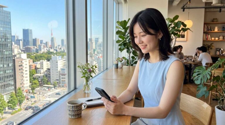 Woman in a light blue sleeveless top sits at a wooden counter by a large window, looking at her phone; city skyline outside.