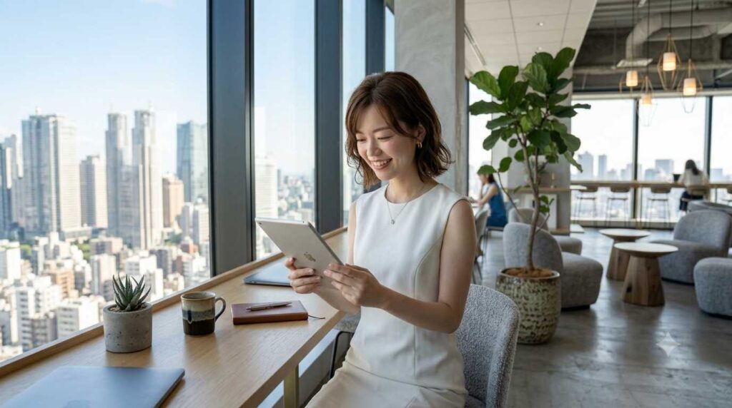 Smiling woman in a white dress sits by a windowed high-rise cafe, using a tablet at a wooden counter with a plant and mug nearby.