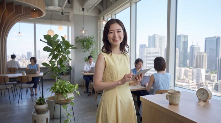 Smiling woman in a pale yellow dress holding a tablet in a modern office cafe with plants and large windows overlooking a city skyline.