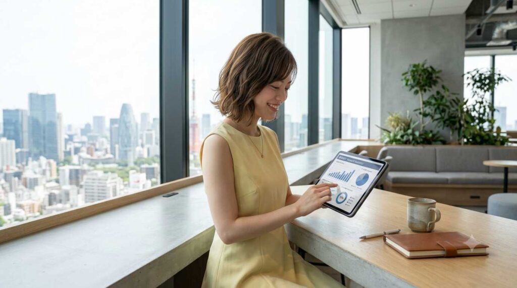 Woman in a yellow dress stands at a high desk, examining a tablet displaying charts in a bright city-office.