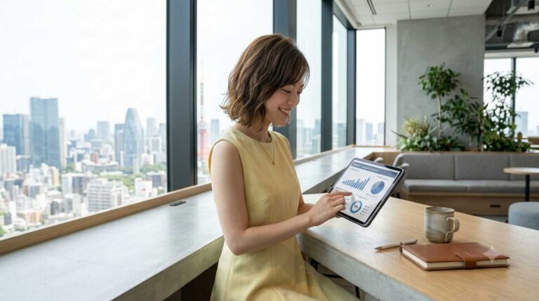Woman in a yellow dress stands at a high desk, examining a tablet displaying charts in a bright city-office.