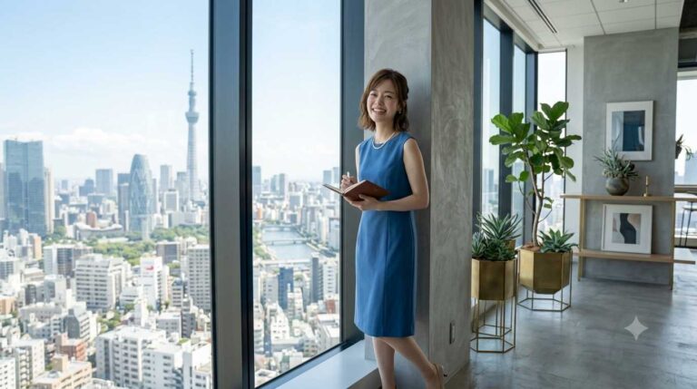 Woman in a blue dress stands by a floor-to-ceiling window, smiling, and holding a notebook in a modern office overlooking the city skyline.