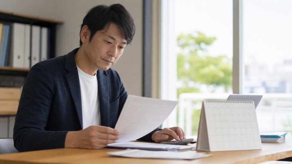 Man in a dark blazer sits at a wooden desk, reading a document with papers scattered nearby and a calendar on the desk, in a bright office.