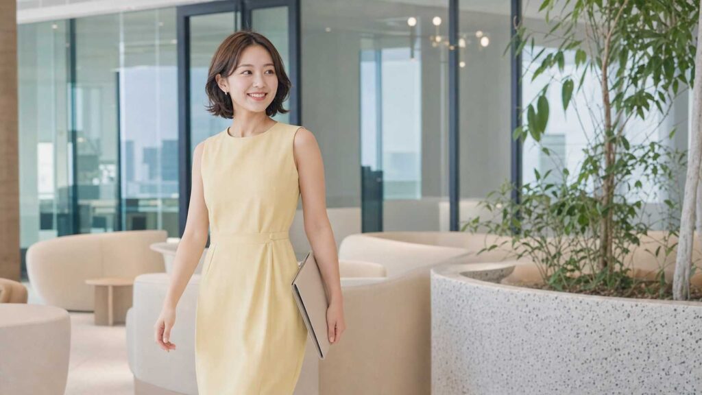 Smiling woman in a pale yellow dress walks through a modern office lobby, carrying a folder.