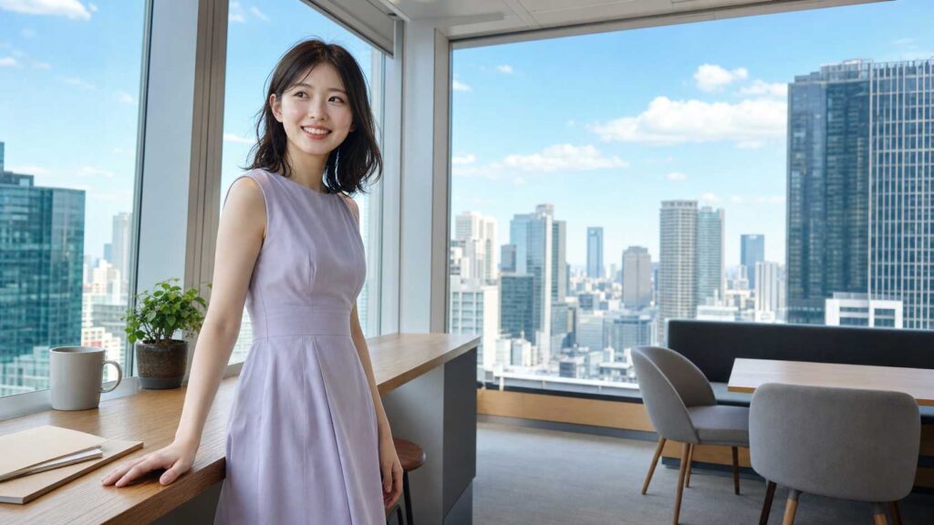 Woman in a light purple dress standing by a wooden counter in a bright office with a city skyline through large windows behind her.