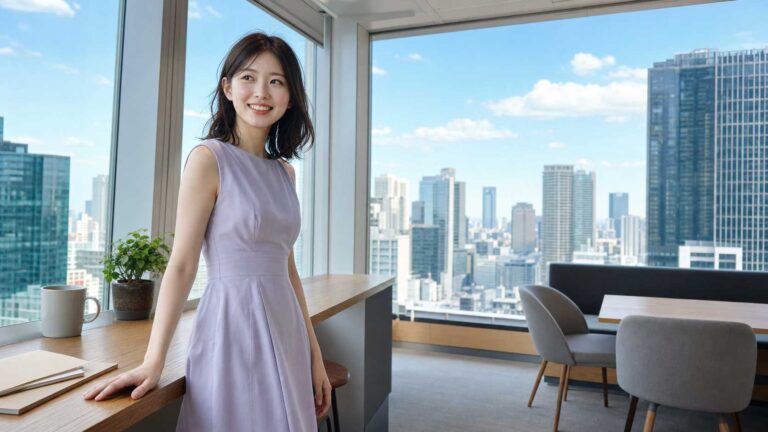 Woman in a light purple dress standing by a wooden counter in a bright office with a city skyline through large windows behind her.