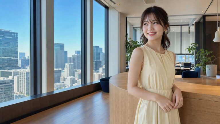 Smiling woman in a pale yellow dress stands beside a curved wooden reception desk in a bright office with large windows overlooking a cityscape.