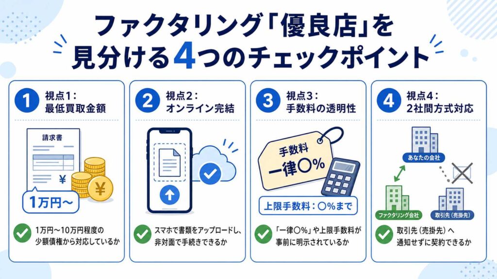 ファクタリングの4つのチェックポイントを説明するインフォグラフィック。1)最低買取金額、2)オンライン完結、3)手数料の透明性、4)2社間方式対応。各項目にアイコン付き。
