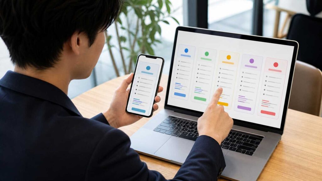 Person in a dark blazer uses a smartphone while pointing to a multi-column, color-coded UI prototype on a laptop screen.