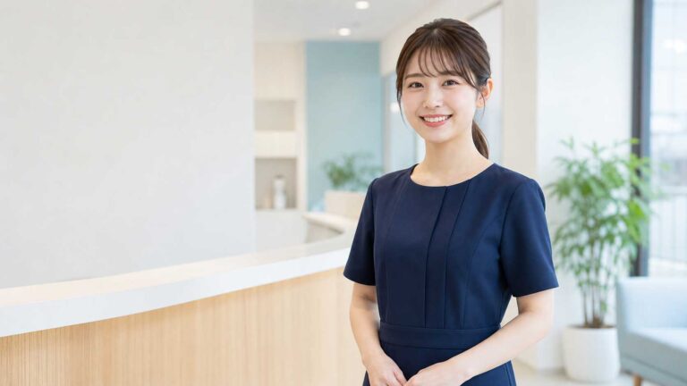 Smiling woman in a navy dress standing at a light wood reception desk in a bright office.