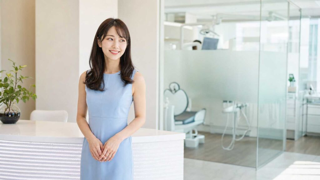Receptionist in a light blue dress stands at a white desk in a bright, modern clinic lobby.