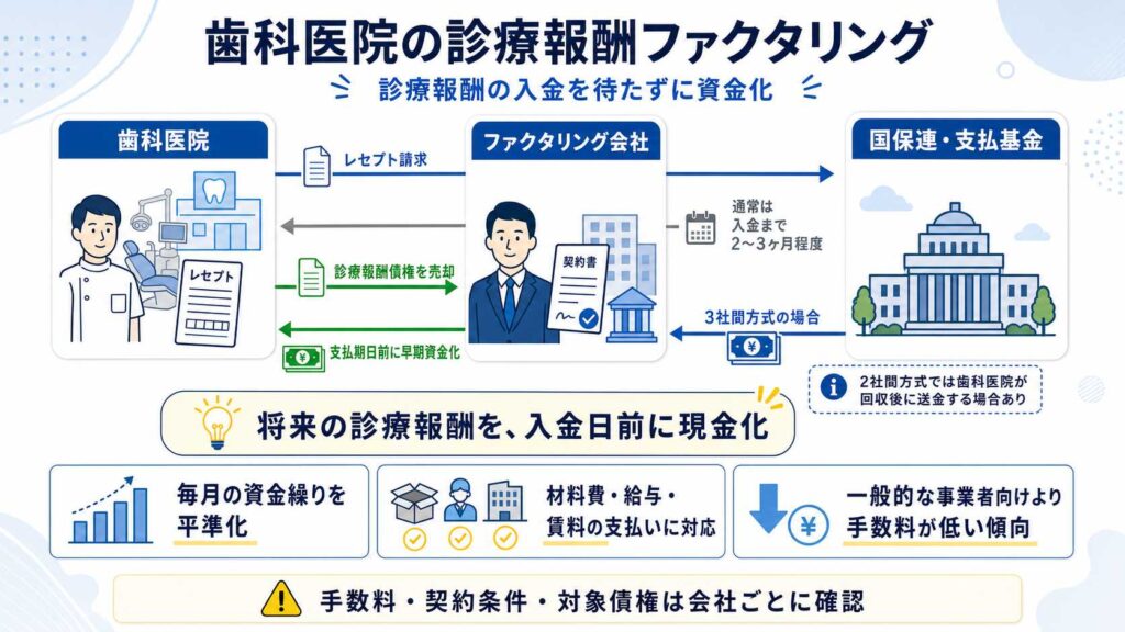 歯科医院とファクタリング会社、国保連との資金循環を矢印で示すフロー図。診療報酬債権を資金化する仕組み。日本語の説明あり。短い要約付き。