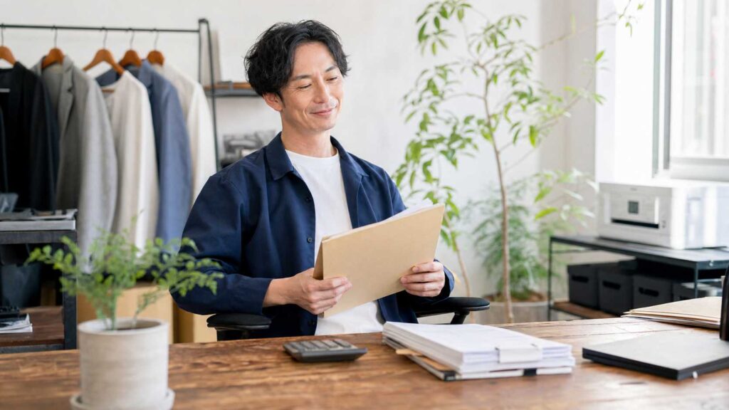 Man in a navy shirt sits at a wooden desk, holding a brown folder with a clothes rack and green plant in the background.