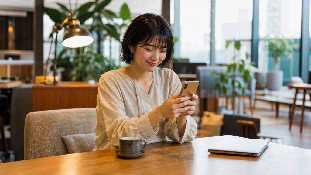Woman in a beige blouse sits at a cafe table, smiling while looking at her smartphone; a coffee cup and closed laptop are on the table nearby.