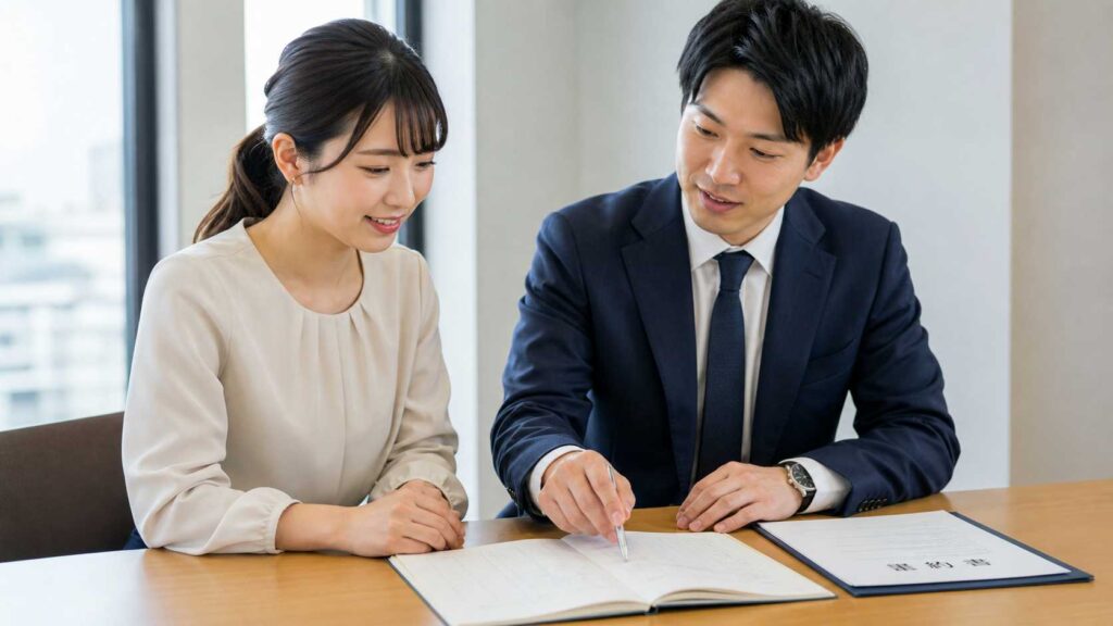 Two business colleagues sign a contract at a wooden table; woman in a cream blouse sits beside a man in a navy suit in a bright office.