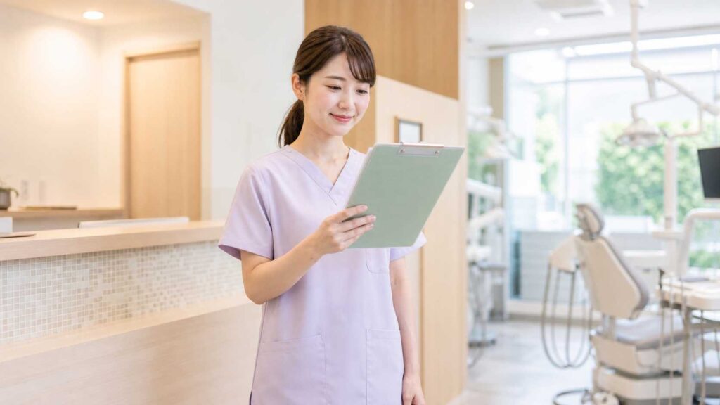 Dental professional in lavender scrubs holds a clipboard and smiles in a bright clinic.