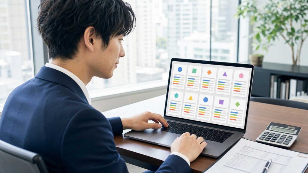 Businessman in a navy suit works on a laptop showing colorful charts and graphs in a bright office setting.