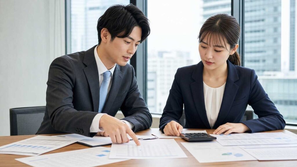 Two professionals in business attire review documents on a conference table with a calculator nearby, in a bright office.