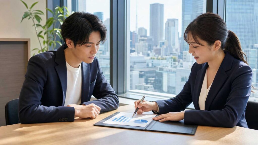 Two professionals in a meeting review a document with charts on a wooden table in a bright office by a window with a city view.