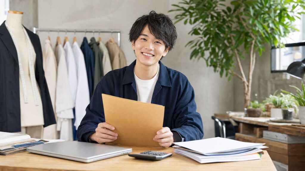 Smiling young man sits at a desk in a fashion studio holding a brown folder, with clothing racks and plants in the background.