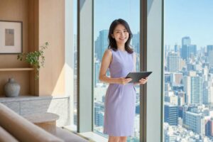 Professional woman in a lavender dress stands by large windows, holding a tablet and smiling at the city skyline.