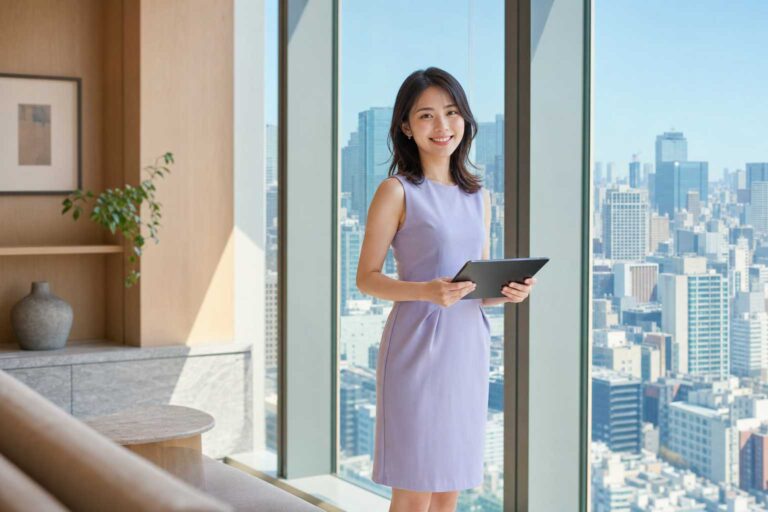 Professional woman in a lavender dress stands by large windows, holding a tablet and smiling at the city skyline.
