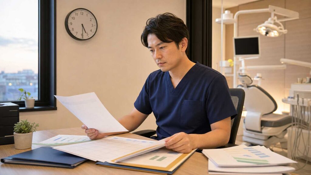 Male healthcare professional in navy scrubs reviews papers at a desk in a clinic, with dental equipment visible in the background.