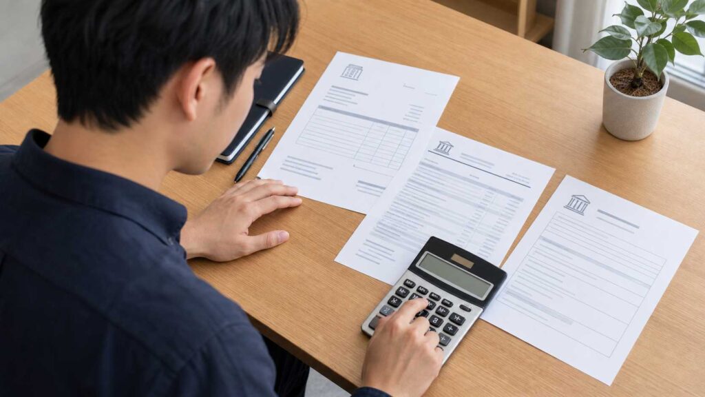 Person seated at a wooden desk reviewing printed forms with a calculator and pen nearby; a notebook rests to the left and a potted plant is on the right side of the desk.