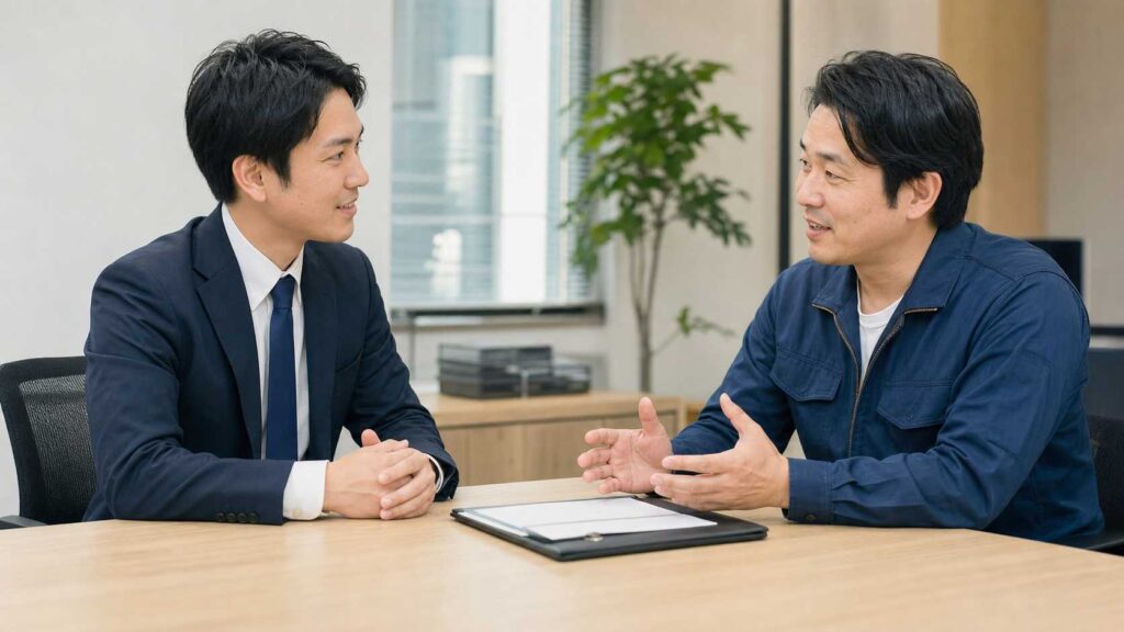 Two men in an office sit across a table, engaged in a discussion with a binder on the table.
