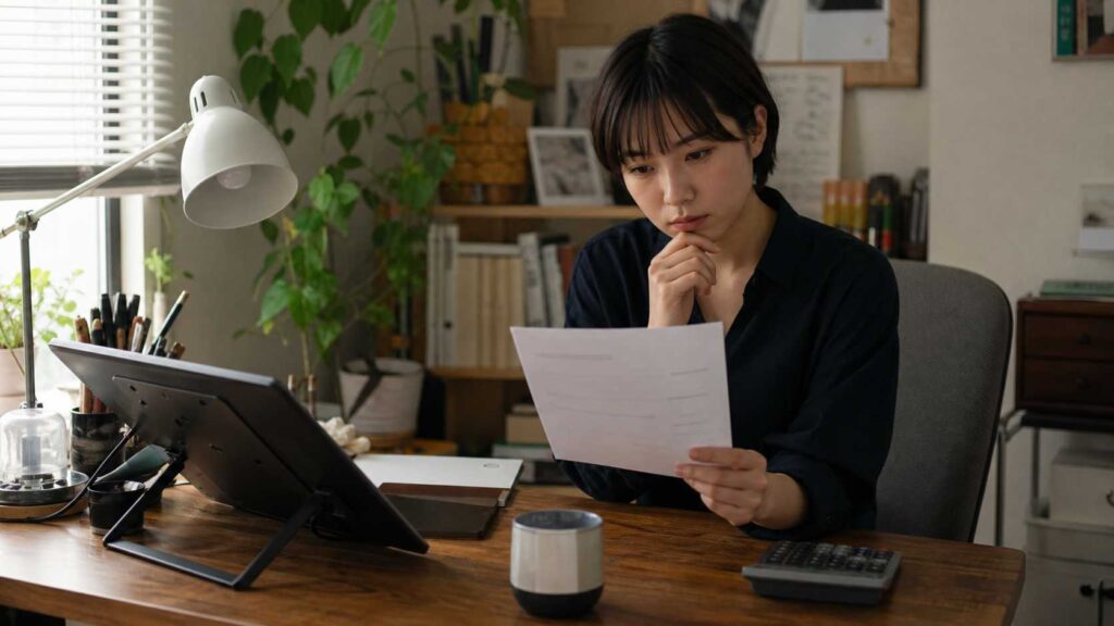 Young woman sits at a wooden desk reading a sheet of paper in a bright home office, with a desk lamp, tablet stand, and plants nearby.