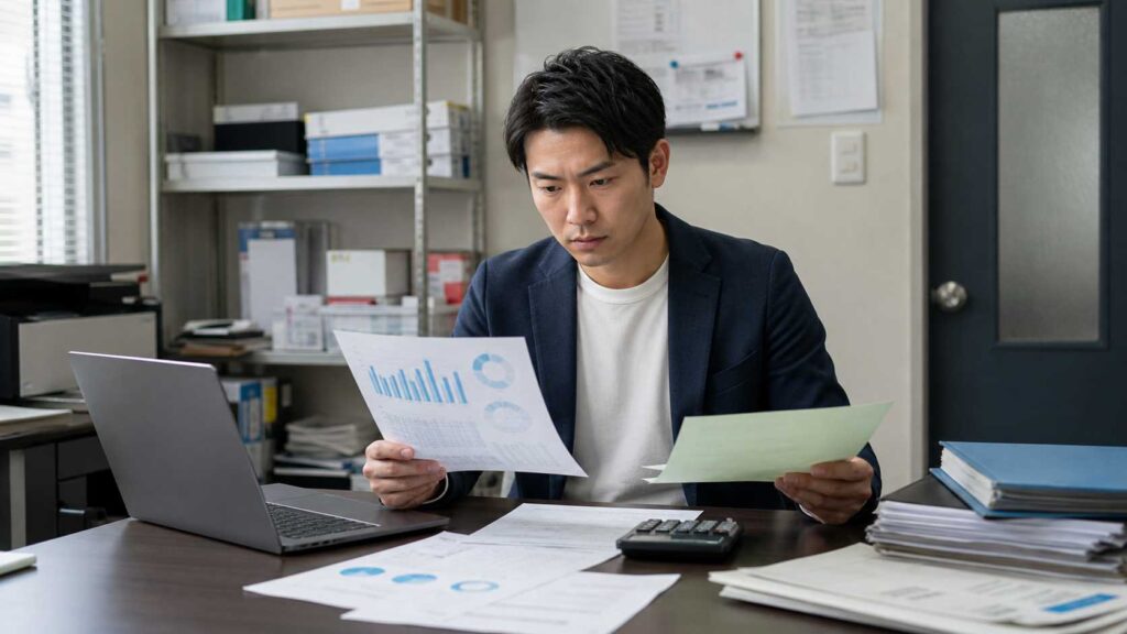 Man in a blazer reviews charts and papers at a cluttered office desk, with a laptop and calculator nearby.