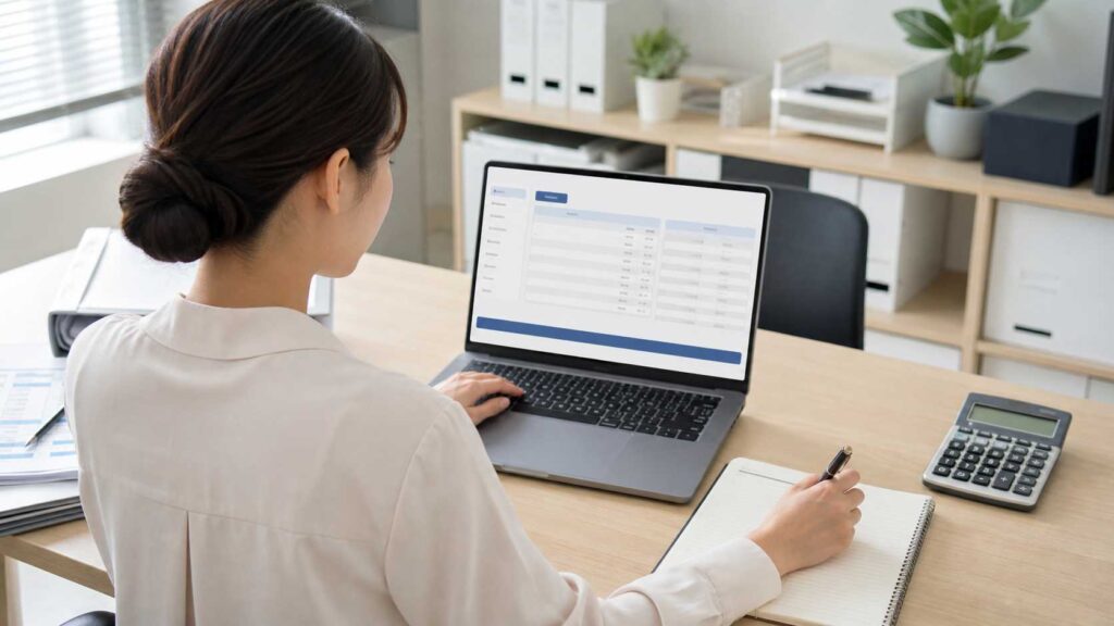 Businesswoman working at a desk, viewing a spreadsheet on a laptop with a notebook and calculator nearby.