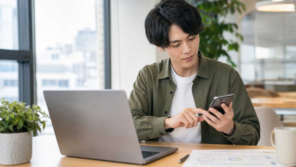 Man in a green shirt sits at a desk with a laptop, looking at and tapping his smartphone in a bright office.
