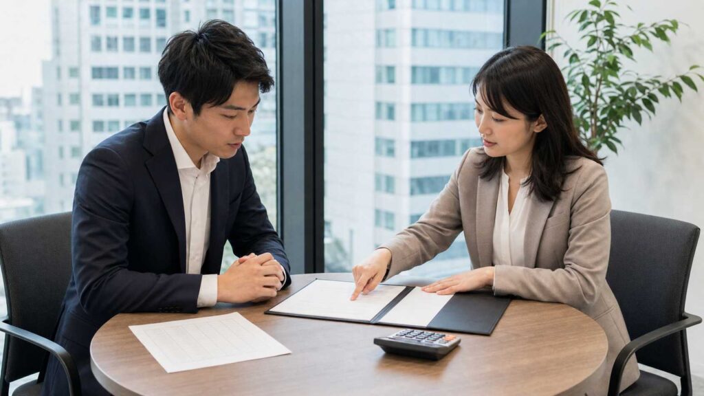 Two business professionals review documents at a round table in a modern office setting.