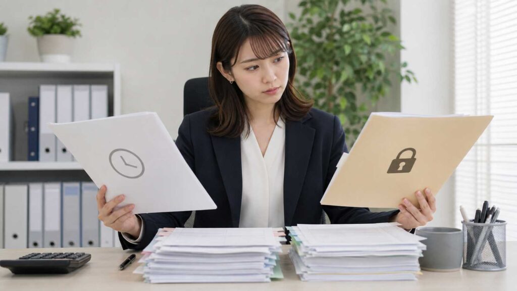 Businesswoman in a dark blazer reviews two folders on a desk, one with a clock icon and one with a lock.