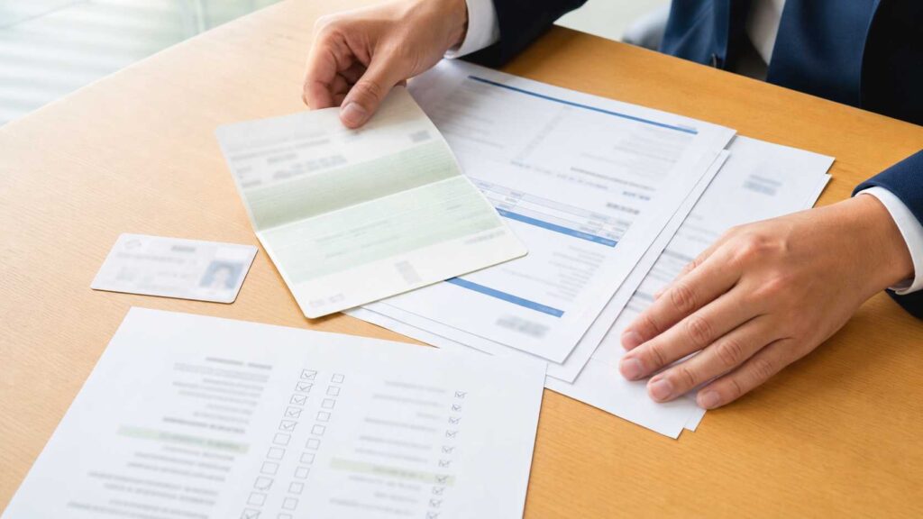 Person in a suit reviewing and sorting papers on a wooden desk, with forms, checklists, and a blurred ID card nearby