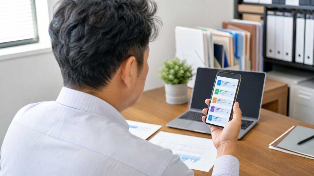 Person at a desk holds a smartphone showing a checklist app while a laptop and documents sit on the desk in an office.