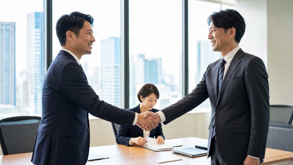 Two businessmen in suits shake hands across a table in a modern office, with a woman signing documents in the background.