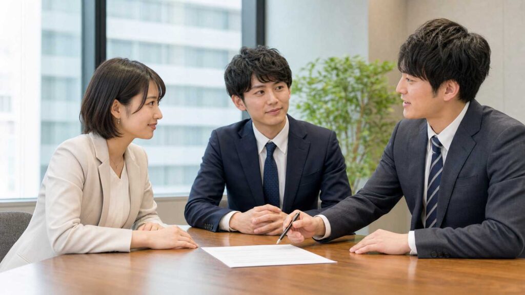 Three business professionals in suits sit at a wooden table discussing a document laid out before them in a bright office setting.
